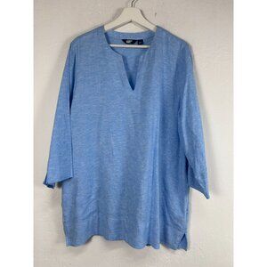 Lands End Womens Blue Linen Blend V-Neck Tunic Top Large 3/4 Sleeve Casual NWOT